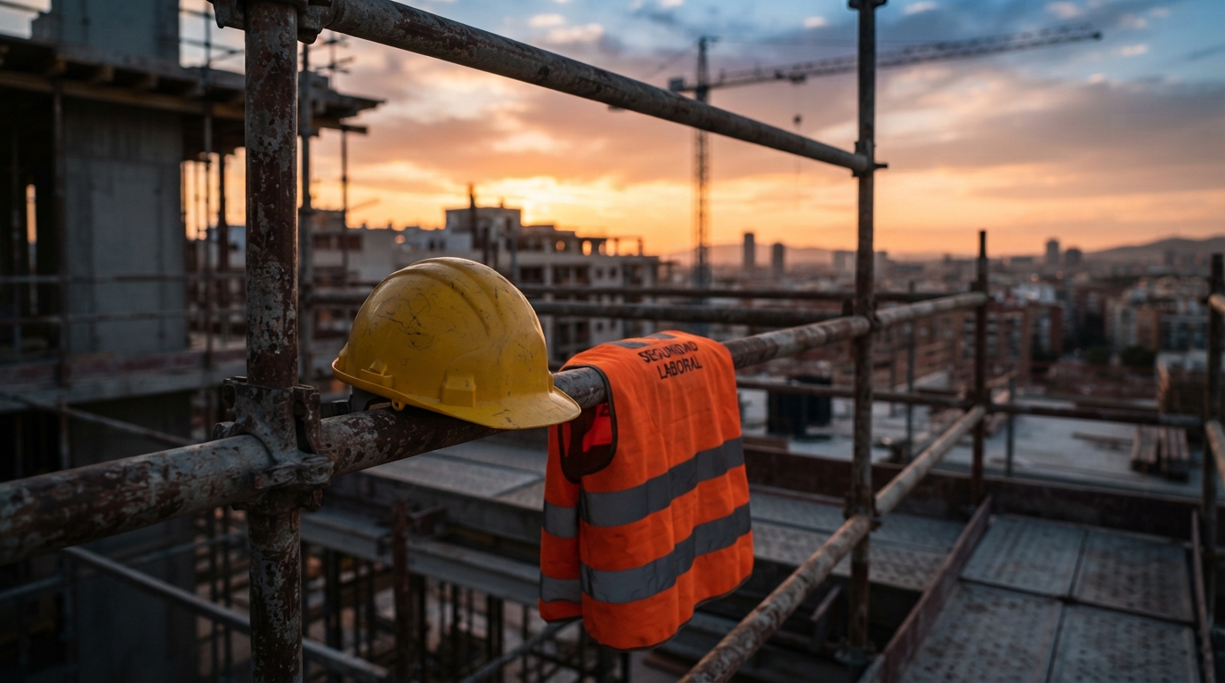 Siniestralidad laboral mortal España 2026: casco y chaleco reflectante en una obra al atardecer