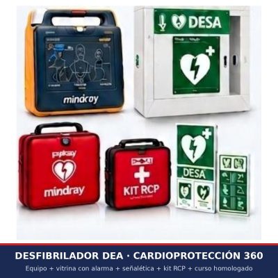 Desfibrilador DEA con vitrina con alarma, señalética DESA y kit RCP – Unión Gestora